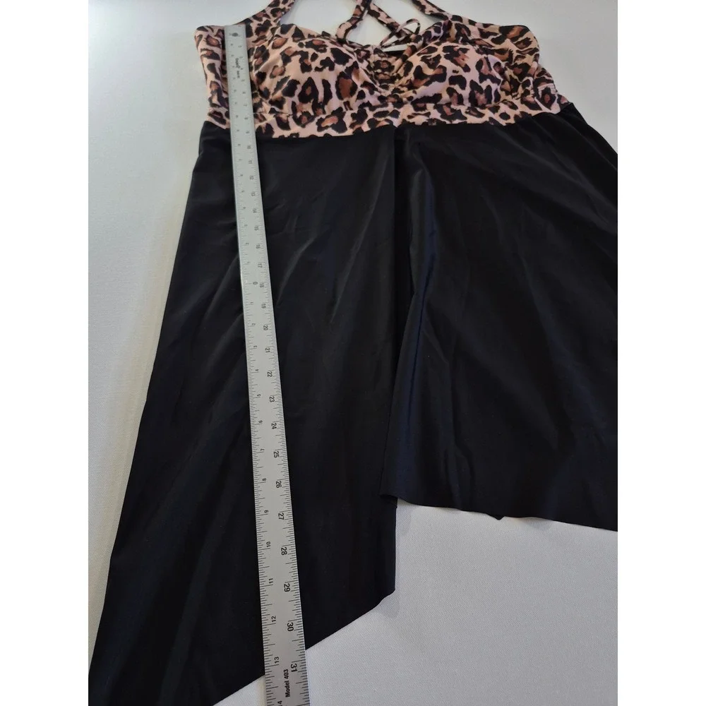 Daci‎ Leopard Print Asymmetrical Swim Dress Top Black Tan Animal Print 24W